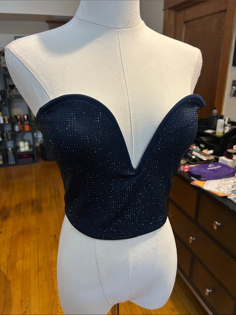 AKIRA Navy Rhinestone-Studded Strapless Bustier